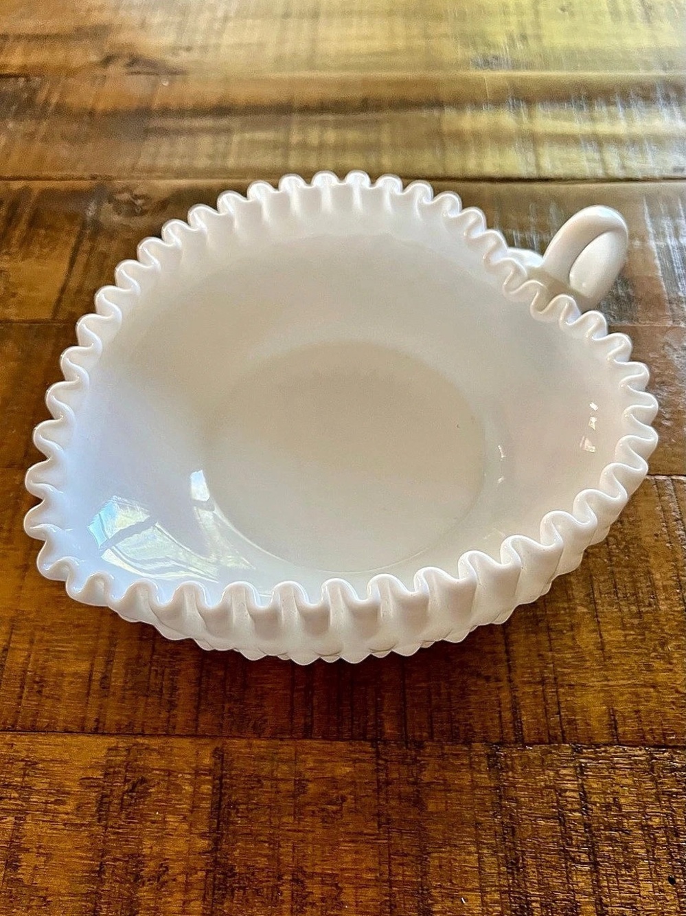 Vintage Fenton Hobnail Milk Glass Heart Shaped Dish with Handle White Ruffle